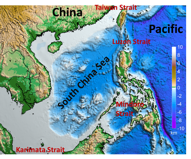 Geographical location and bathymetry of the South China Sea.