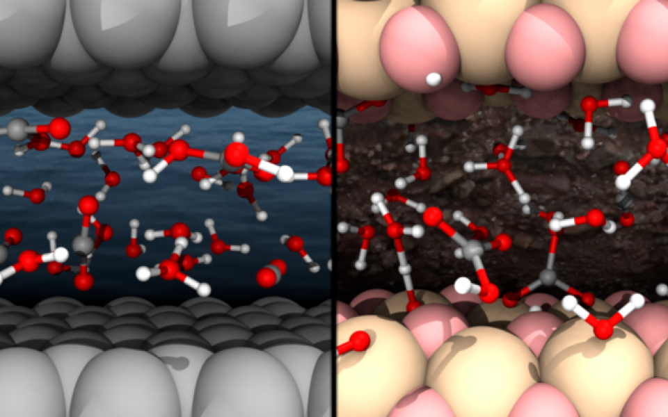 左图：溶液被石墨烯限制。右图：溶液被斯石英（SIO2）限制。白色、灰色、红色和粉红色的球分别表示氢原子、碳原子、氧原子和硅原子。